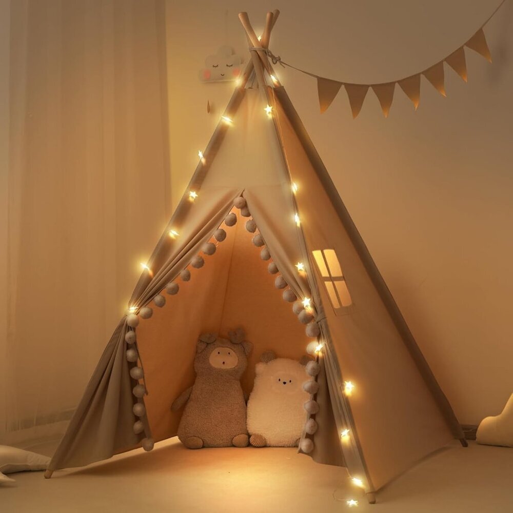 Kids Teepee Tent with Lights & Pompoms, Machine Washable Indoor Play Tent Girls